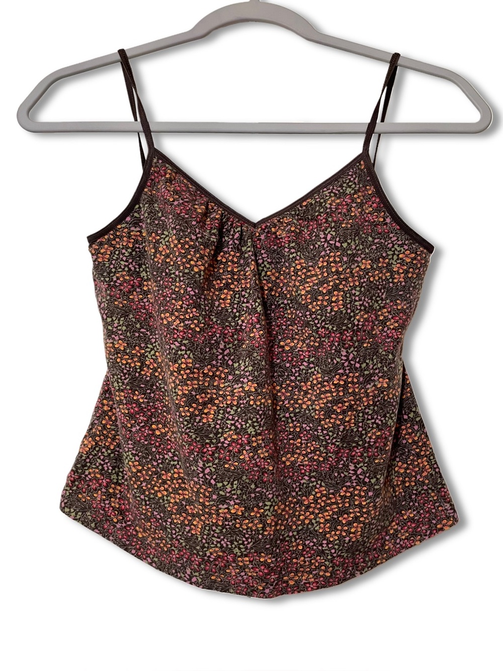 Vintage Y2K Brown Floral Cami Baby Tank Top Cropped Cotton Boho Fairy Grunge